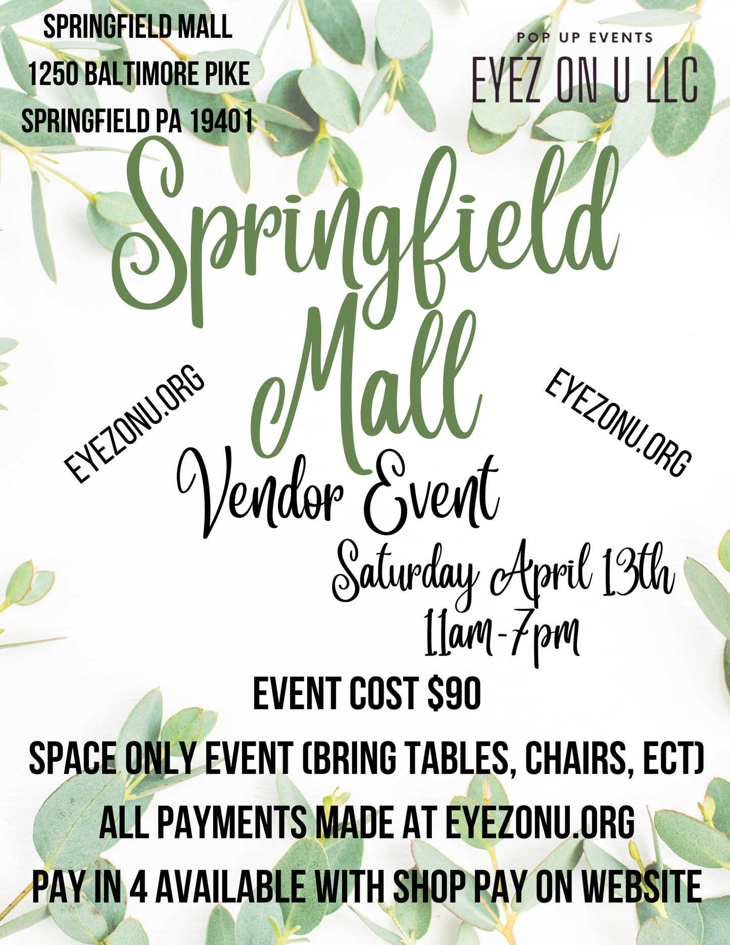 Springfield Mall Vendor Event Apr 13th